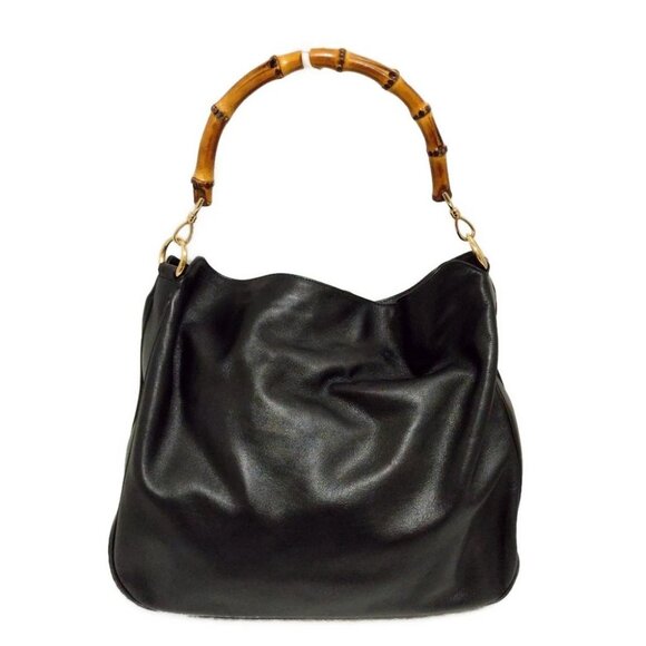 Auth GUCCI Bamboo Black Leather Shoulder Bag - Picture 1 of 10